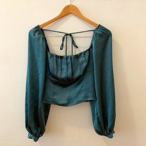 DYNAMITE Emerald satin Blouse with puff sleeves